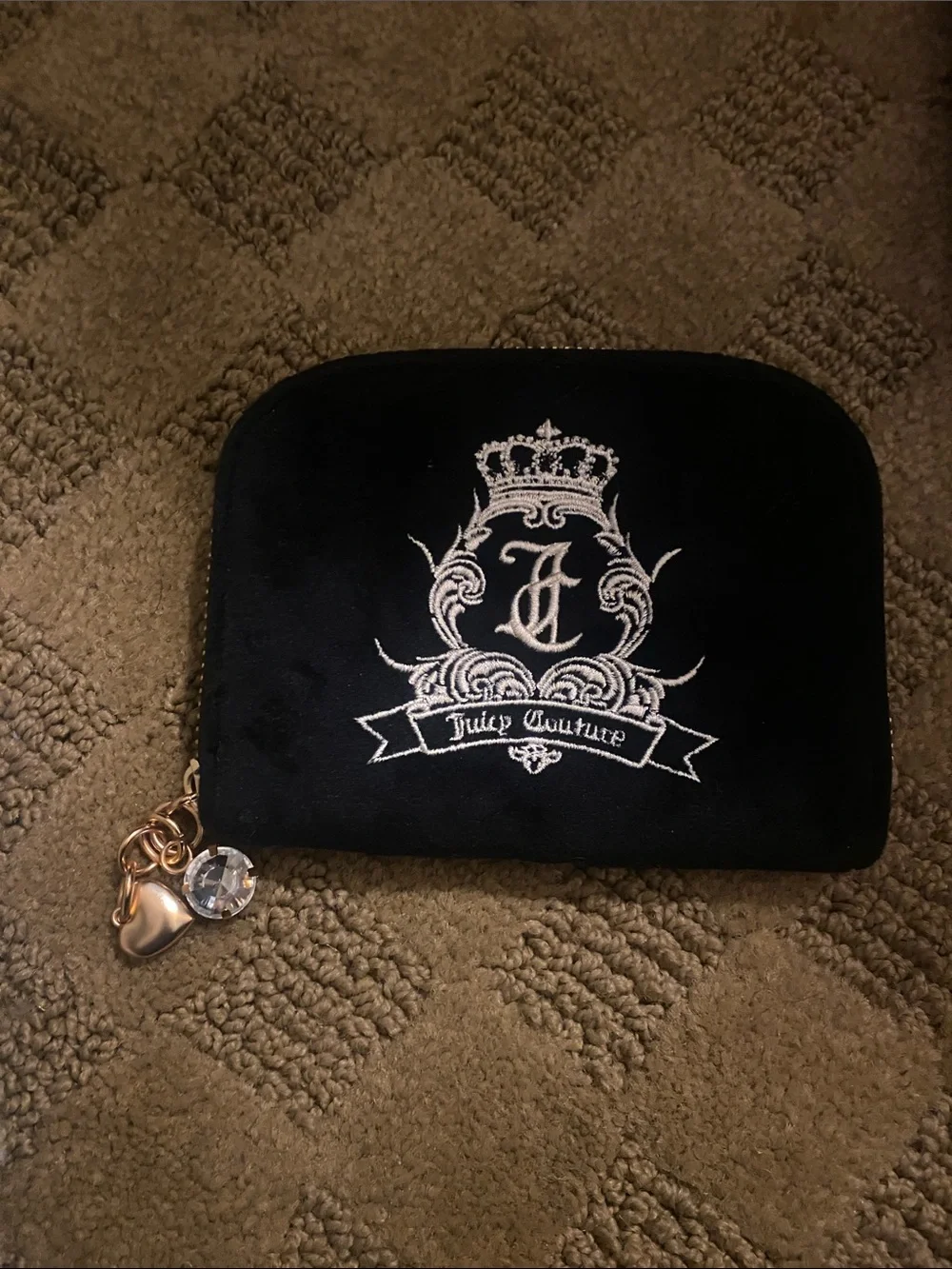 Juicy Couture Black Velvet Zip Coin Pouch with Charm Accent